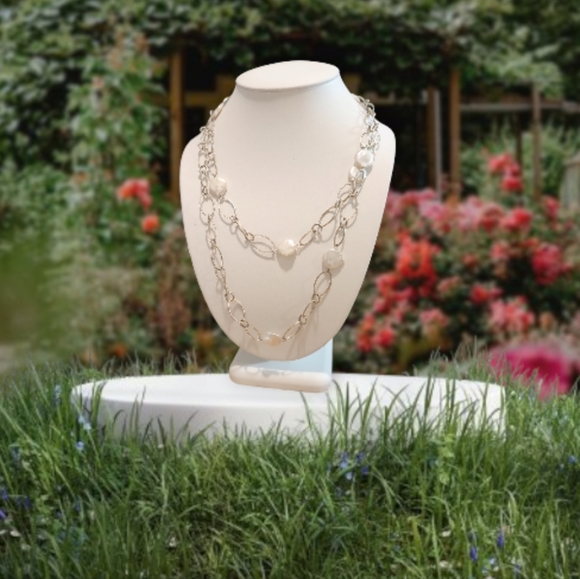 Rosy White FWP Fresh Water Blister Pearl Oval Link Vintage Necklace. - Picture 2 of 6